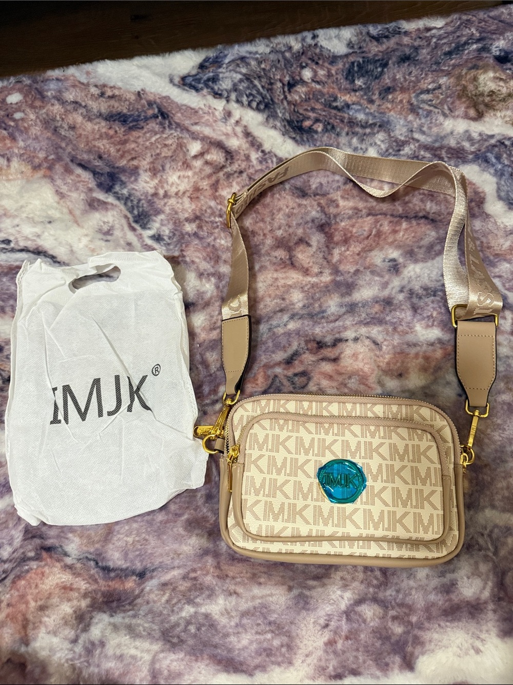 Beige Monogram Crossbody with Gold Hardware and Blue Accent NWOT